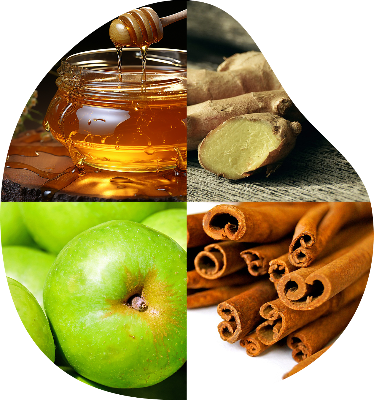 A collage of four different foods including apples, cinnamon sticks and honey.