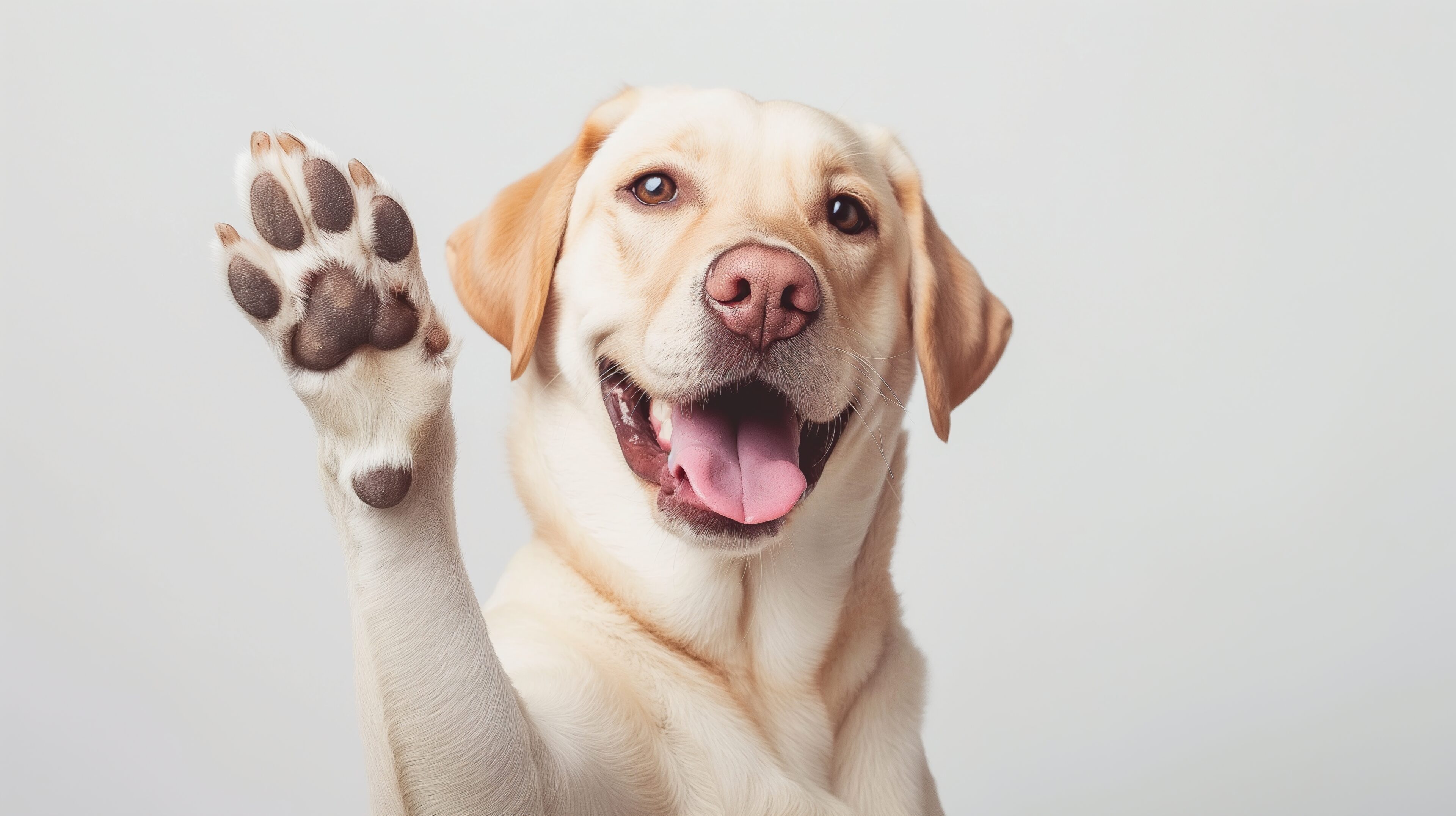 A dog with its paw up in the air.