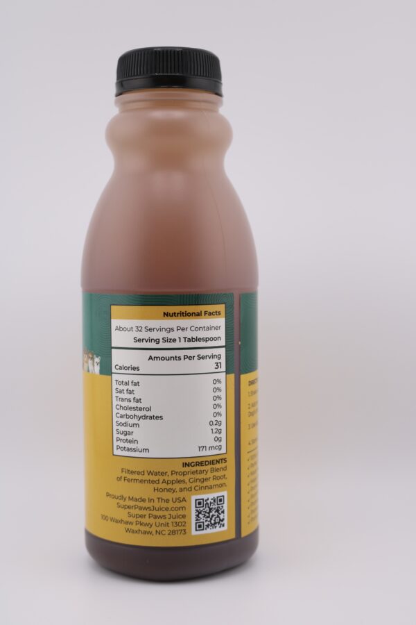 nutritional facts for super paws juice that helps with dental care, gut health, allergies, joints, and immunity in dogs